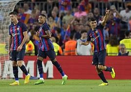 Pedri González celebra un gol con el FC Barcelona en la presente campaña.