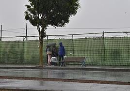 Usuarios bajo la lluvia en una de las paradas que aún esperan por su marquesina.