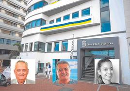Fachada del Real Club Victoria, en Las Canteras. Debajo, de izquierda a derecha, Clodobaldo González, Juan Jesús Ortega Machín y Davinia Barragán Rivero.