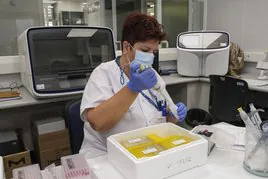Una sanitaria manipula una muestra de Sars-Cov-2 en el laboratorio de Microbiología del hospital Doctor Negrín de Gran Canaria.
