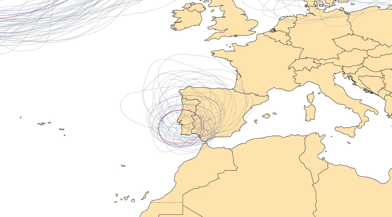 Imagen de las isolíneas que muestran la posible ubicación de la DANA.