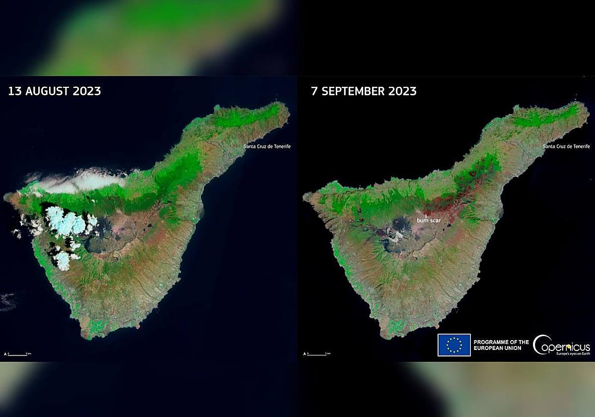 Imágenes de la isla de Tenerife antes y después del incendio.