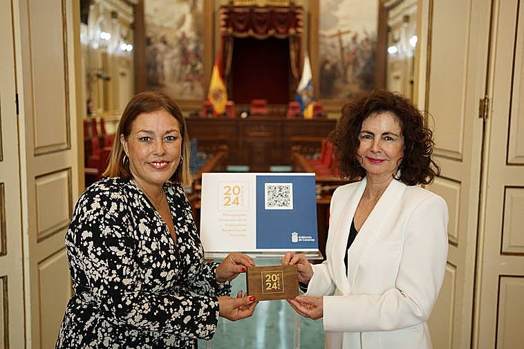 Matilde Asián (d) entregó a la presidenta del Parlamento, Astrid Pérez, las cuentas de 2024.