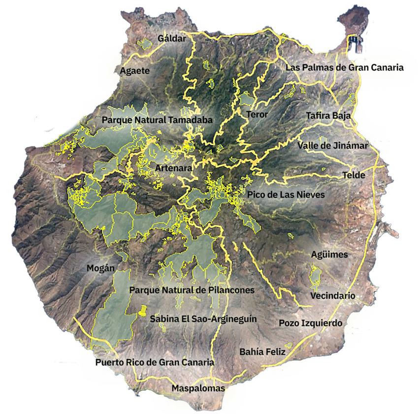Mapa de los montes públicos (en verde) en la superficie foresal de Gran Canaria.