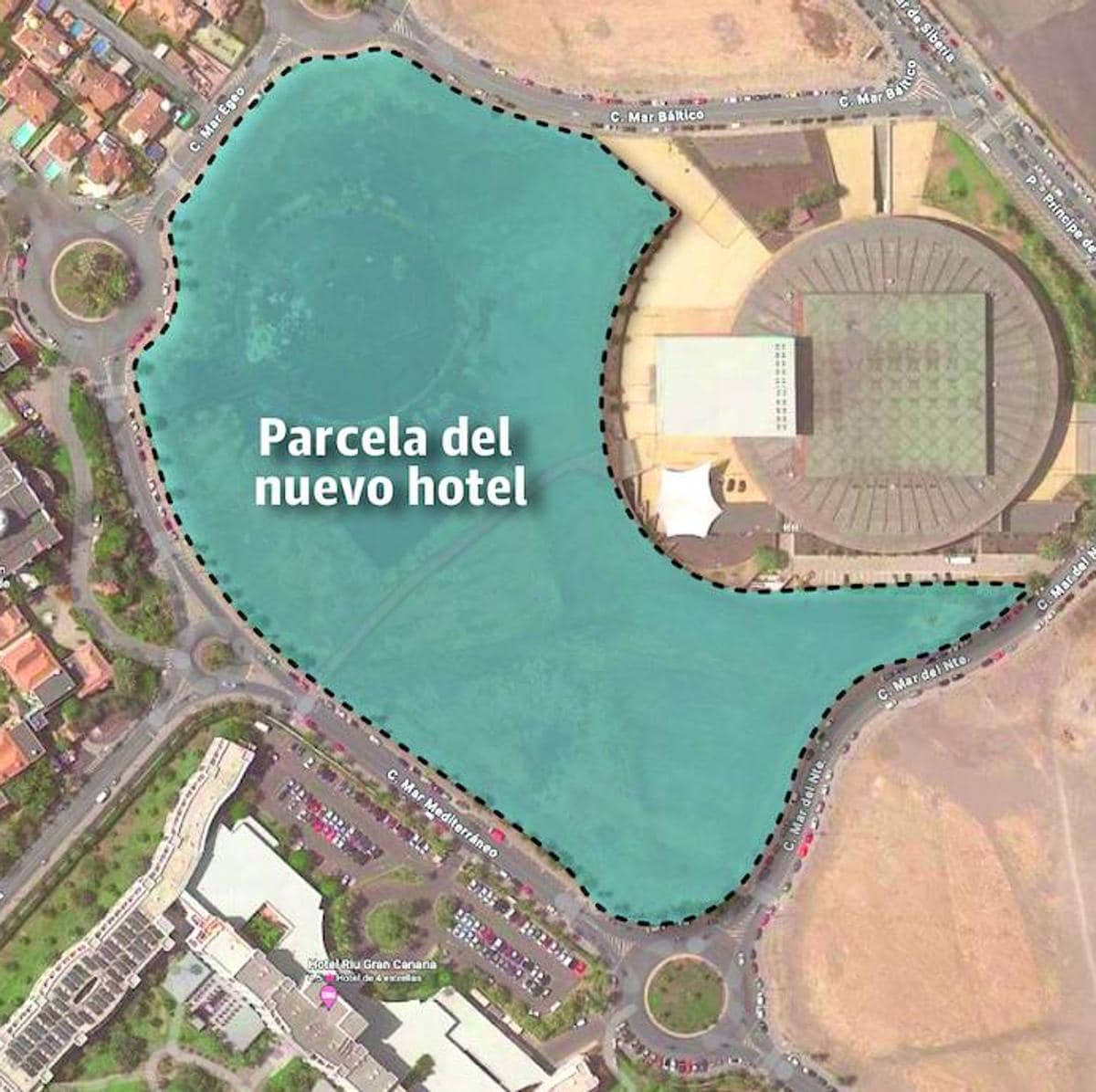 Imagen captada de Google Maps de la parcela donde irá el hotel, justo detrás de ExpoMeloneras.