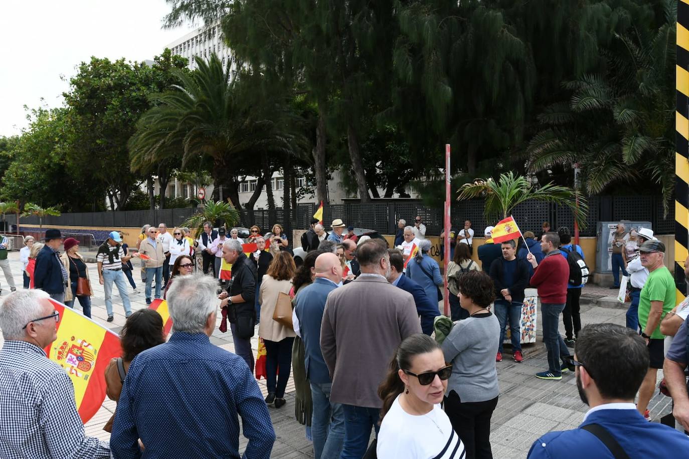 Pancartas y banderas de España en la manifestación de Vox ante la sede del PSOE en la capital grancanaria