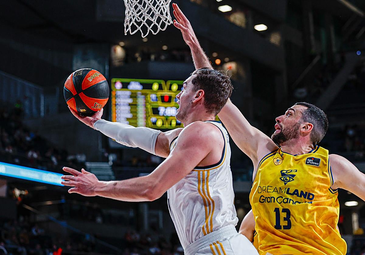 Mario Hezonja anota una canasta a aro pasado ante la mirada de Pelos.
