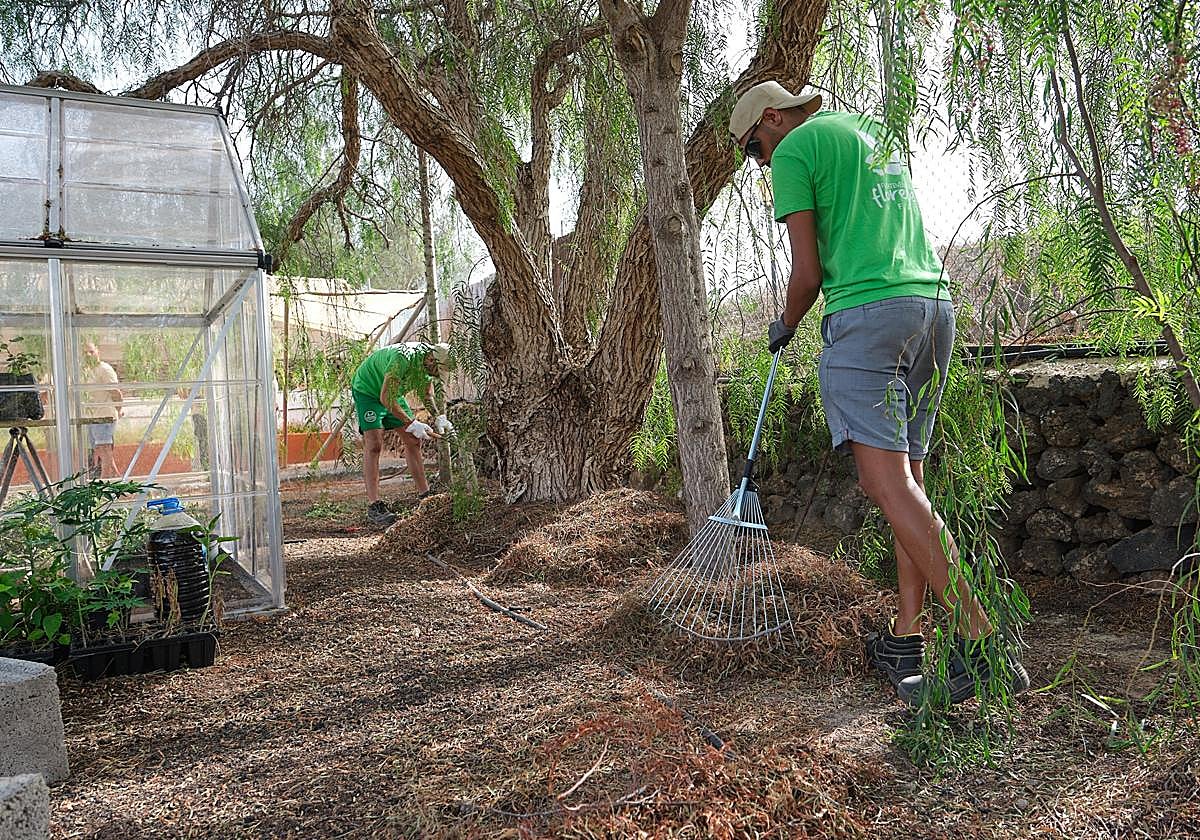 Dos alumnos-trabajadores de un PFAE de jardinería.