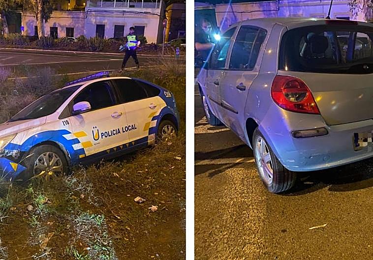 Imagen del vehículo policial accidentado y del coche fugado, que fue finalmente interceptado en Jinámar.