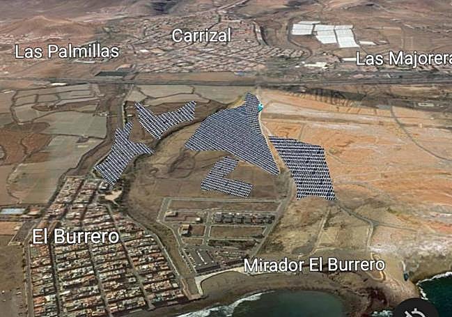 Recreación aportada por Forum Drago de cómo se emplazarán las plantas solares proyectadas por Naturgy entre Carrizal y El Burrero.