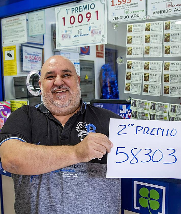 Imagen secundaria 2 - En la foto superior, Soraya Mejías y dos de sus empleadas en el receptor de Pan & Pan de El Doctoral, que repartió un quinto. Debajo, alegría en La Libélula de Oro, en Mercacentro, y Guillermo Montoya, luciendo orgulloso el cartel improvisado para anunciar que vendió el segundo premio.