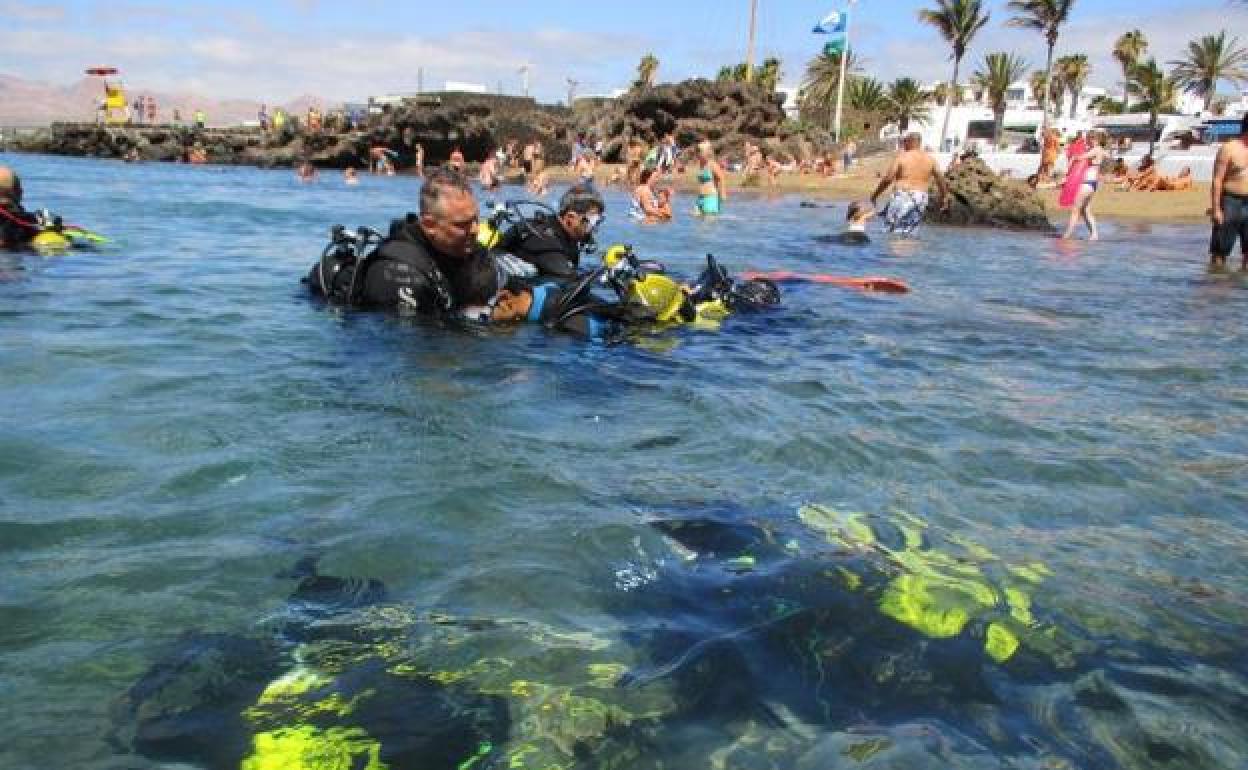 Buceadores en Playa Chica, donde operan varios clubes con sede en Puerto del Carmen. 