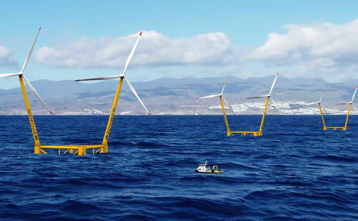 Simulación de aerogeneradores flotantes y dobles previstos en uno de los proyectos para Gran Canaria. 