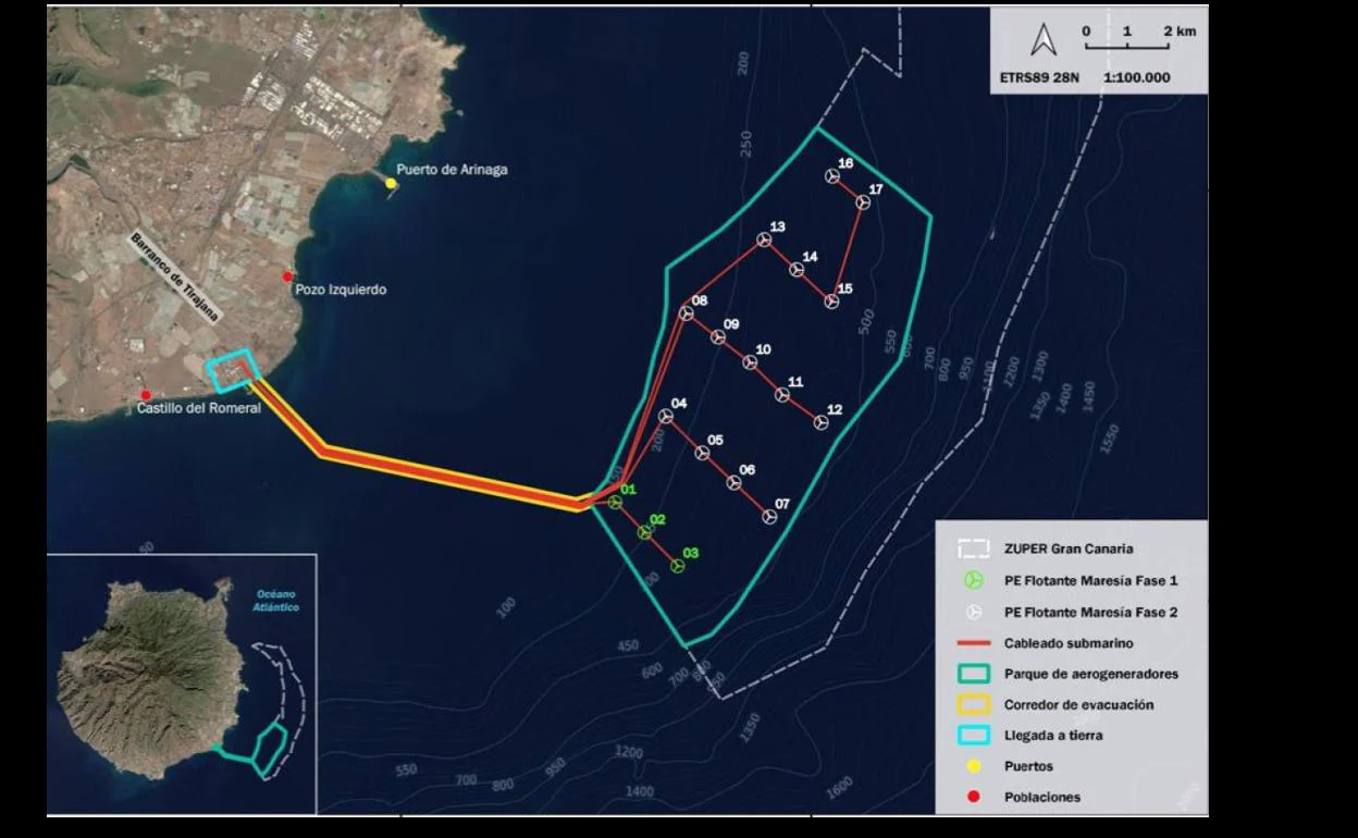 Localización propuesta para el parque eólico marino Maresía y sus 17 aerogeneradores. 