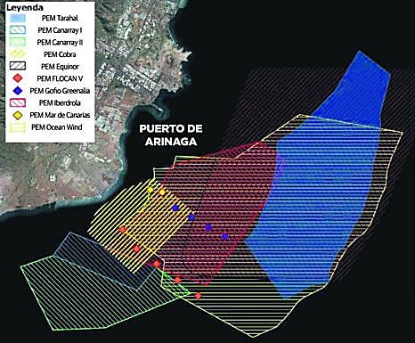 Ubicación supersuesta de distintos proyectos de parques eólicos en el litoral del sureste. 