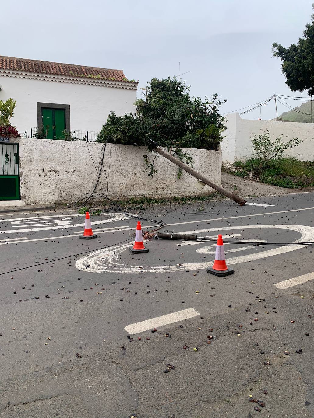 Imagen del poste de cableado que ocasionó el cierre de una carretera de San Lorenzo. 