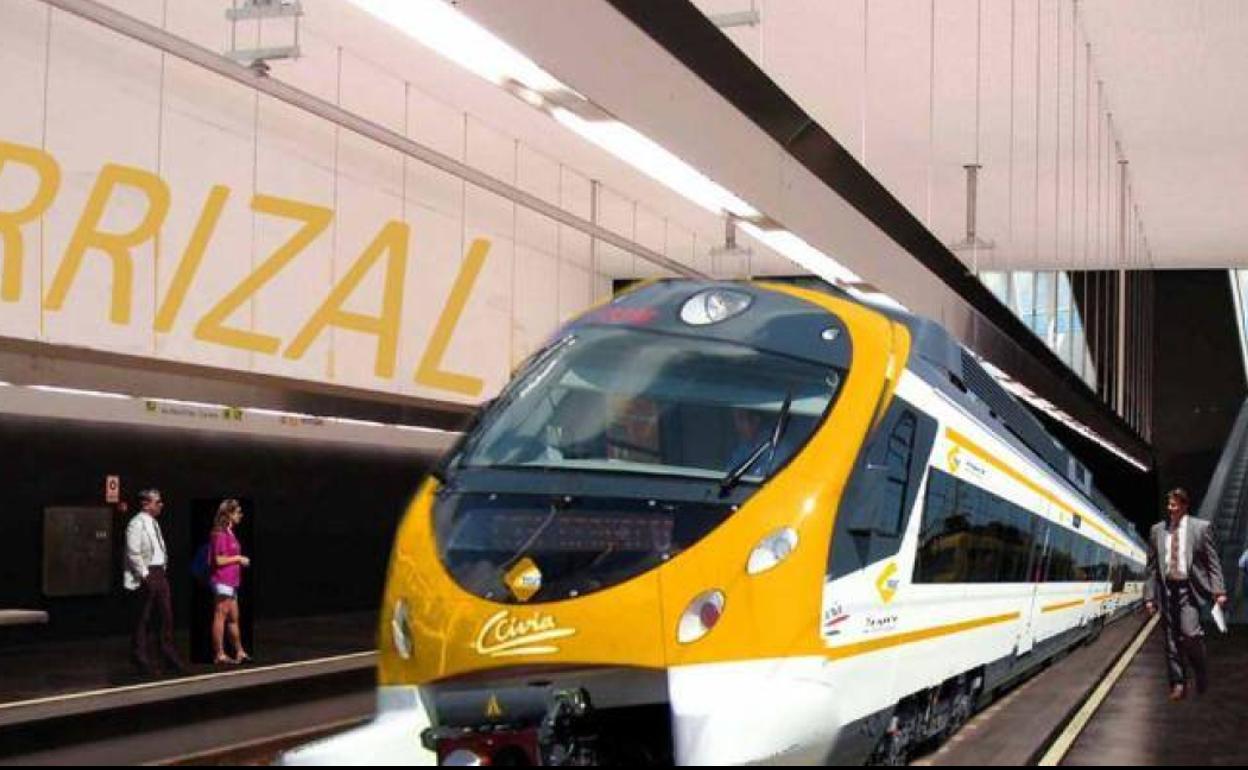 Recreación del tren de Gran Canaria pasando por la estación prevista en Carrizal. 