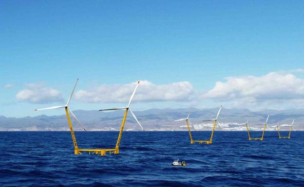 Recreación de un parque eólico marino de aerogenerores flotantes en aguas de Gran Canaria. 