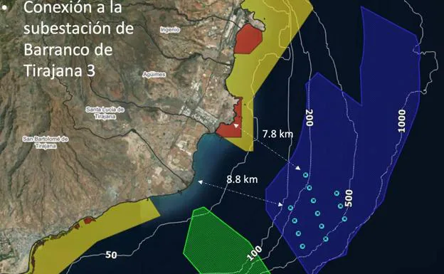 Ubicación propuesta por el parque eólico marino Tarahal, dentro de la zona de alto potencial. 