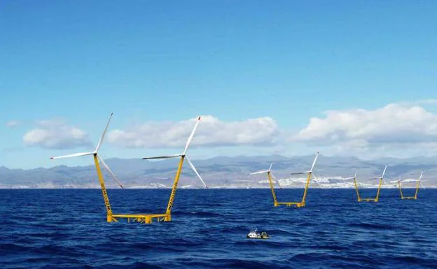 Recreación de aerogeneradores flotantes con doble turbina frente a la costa de Gran Canaria. 