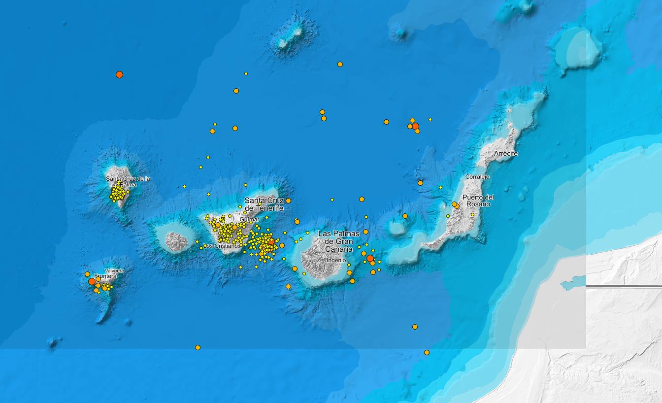 Imagen del visualizador de terremotos del IGN que marca los seísmos registrados en los últimos 90 días. 