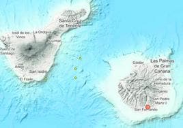 Imagen del visor de terremotos del IGN que localiza el templor al norte de San Fernando de Maspalomas.