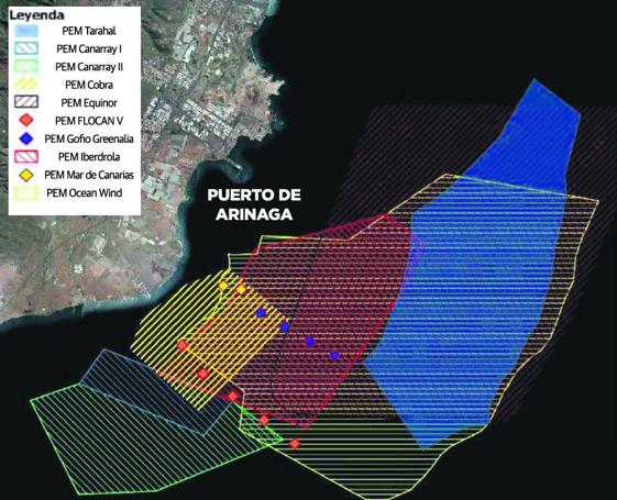 Mapa de ubicación propuesta para distintos parques eólicos marinos, entre ellos Gofio.