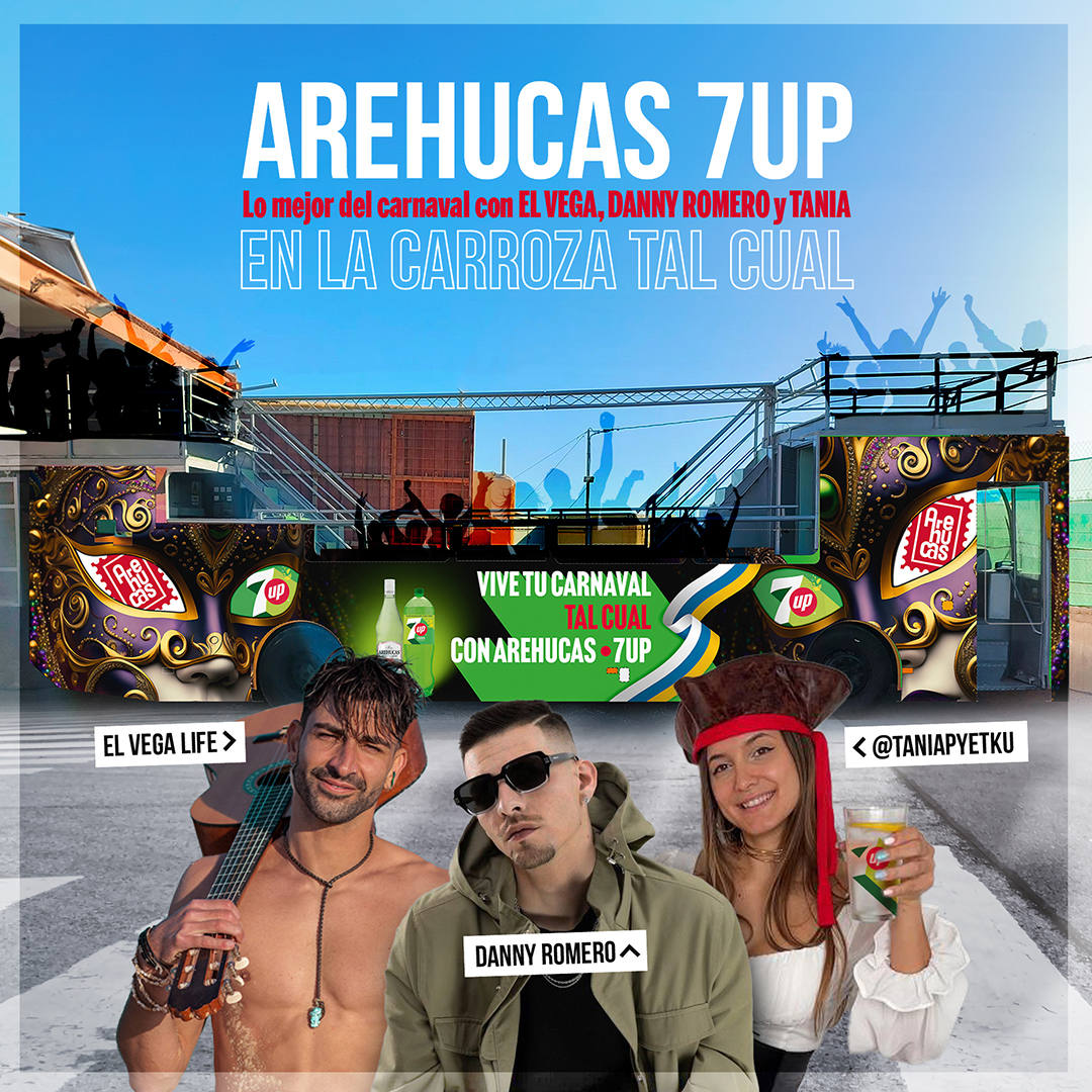 El Vega Life, Danny Romero y Tania Pyetku en la carroza 'Arehucas 7up Tal Cual'