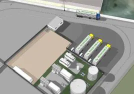 Infografía del proyecto con camiones cisternas cargando pilas de hidrógeno verde.