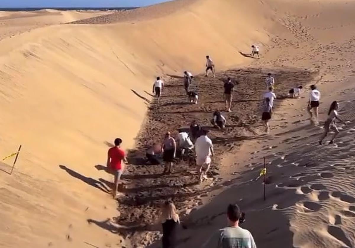 Jóvenes buscando la maleta con el dinero que un influencer organizó en las Dunas de Maspalomas.