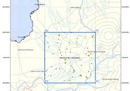 Ambito del proyecto de investigación y prospección de tierras raras en el municipio de Puerto del Rosario, cerca de la costa de barlovento, que se divide en cuatro cuadrículas.