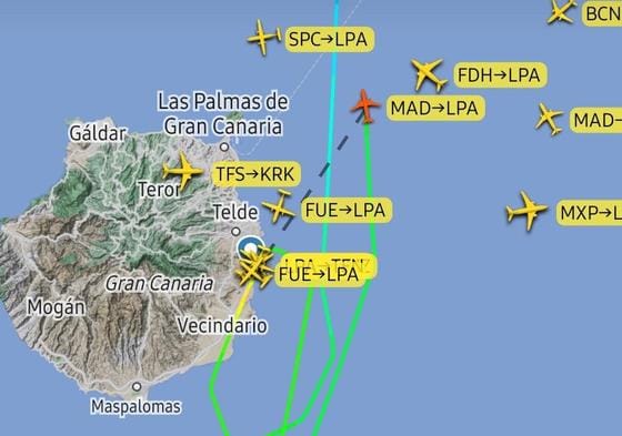 Imagen de los numerosos desvíos de trayectoria en varios vuelos debido a la DANA sobre Gran Canaria.