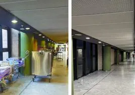 En la imagen izquierda, aspecto que presentaba ayer uno de los pasillos que rodean el área de Urgencias del Negrín; en la derecha, su estado actual.
