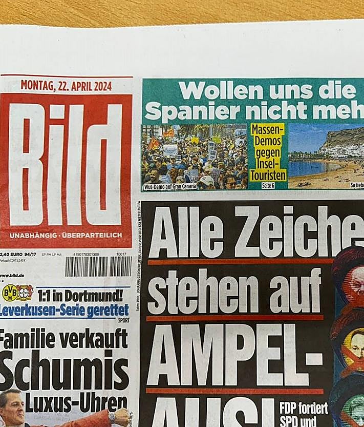 Imagen secundaria 2 - Imagen de la portada y la página del diario 'The Bild' y de la información del portal 'Tagesschau' informando de las manifestaciones del 20A en Canarias
