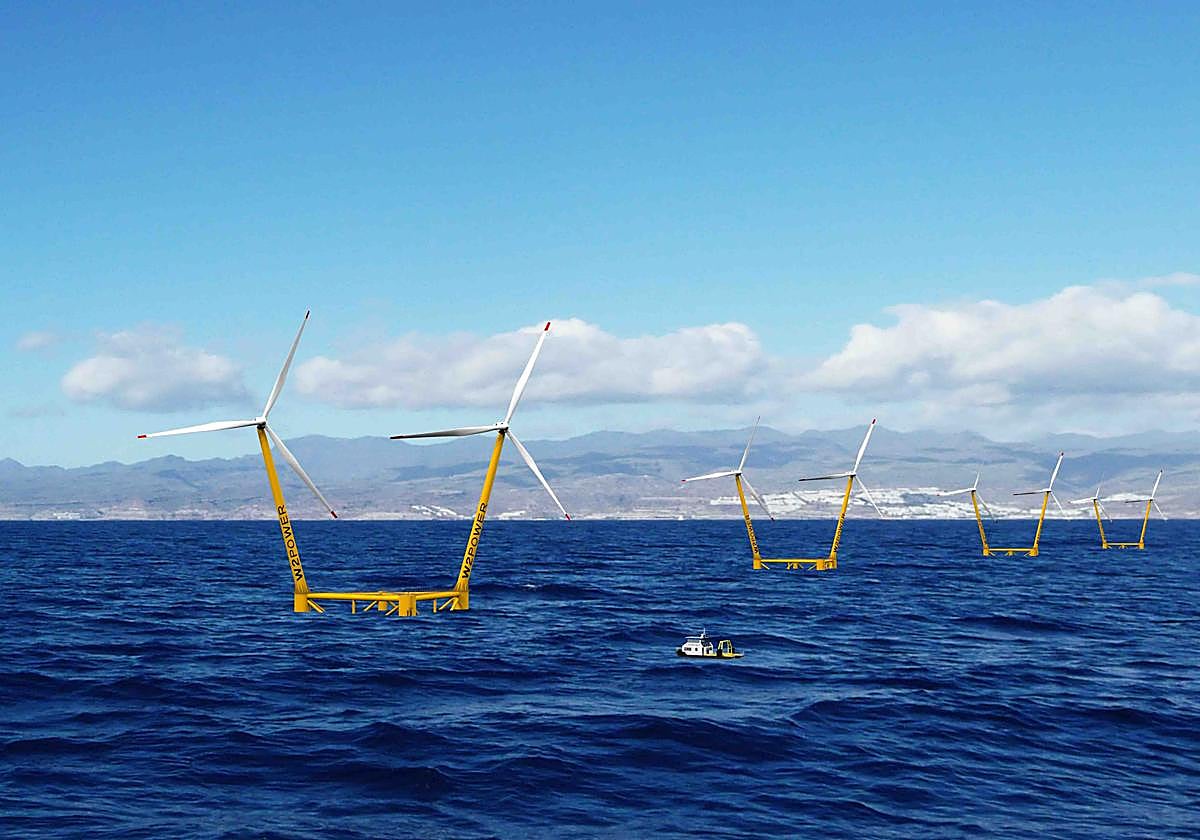 Simulación de aerogeneradores flotantes frente a las costas de Gran Canaria.