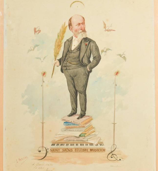 Caricatura de Camille Saint-Saëns, de J. Parera.