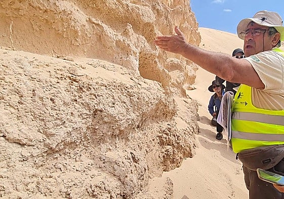 Ramón Casillas, catedrático de la Universidad de La Laguna, explica las rizoconcreciones o moldes de raíces de plantas fosilizadas en el itinerario del Geolodía 2024.