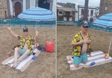 Un vecino planta una sombrilla en la 'playa' de Teror en señal de protesta