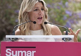 La candidata de Sumar Yolanda Díaz, en un momento de su intervención en el acto conjunto con Nueva Canarias.