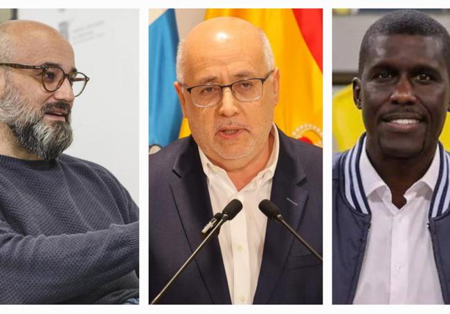 Aridany Romero, consejero de Deportes (i); Antonio Morales, presidente del Cabildo de Gran Canaria (c); y Sitapha Savané, presidente del Gran Canaria de Baloncesto. (d)