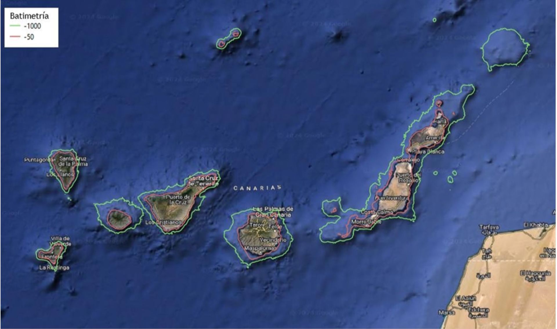 Mapa de batimetría de Canarias con las cotas de 50 y 100 metros de profundidad.