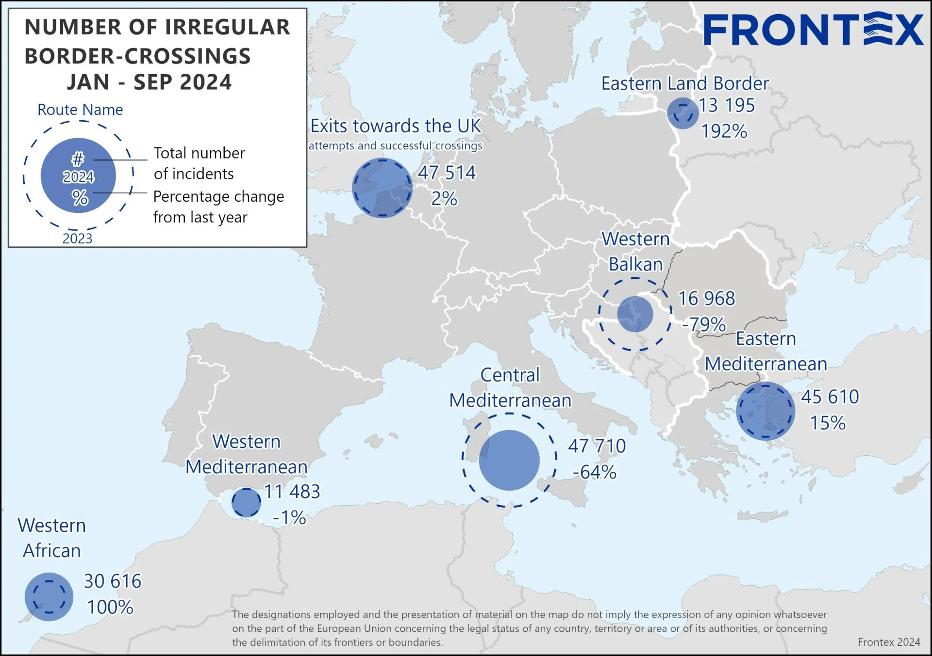 Datos de Frontex de las entradas irregulares de personas a la Unión Europea, que mantienen al Mediterráneo como principal puerta de entrada de emigrantes por mar a Europa.