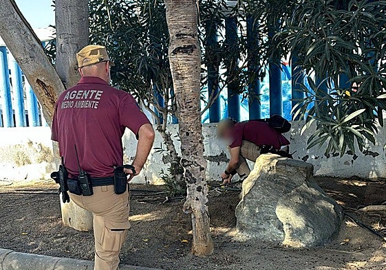 Agentes de Medio Ambiente recogiendo una muestra.