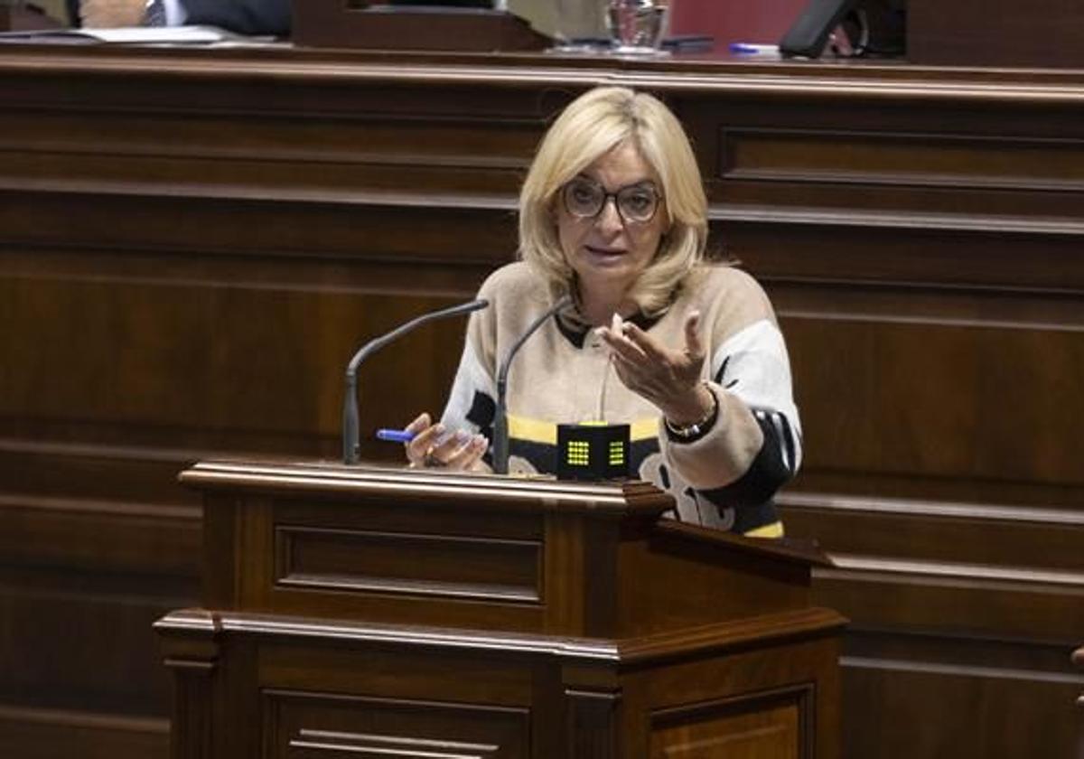 Momento de la intervención de Esther Monzón en el pleno del Parlamento de este miércoles.