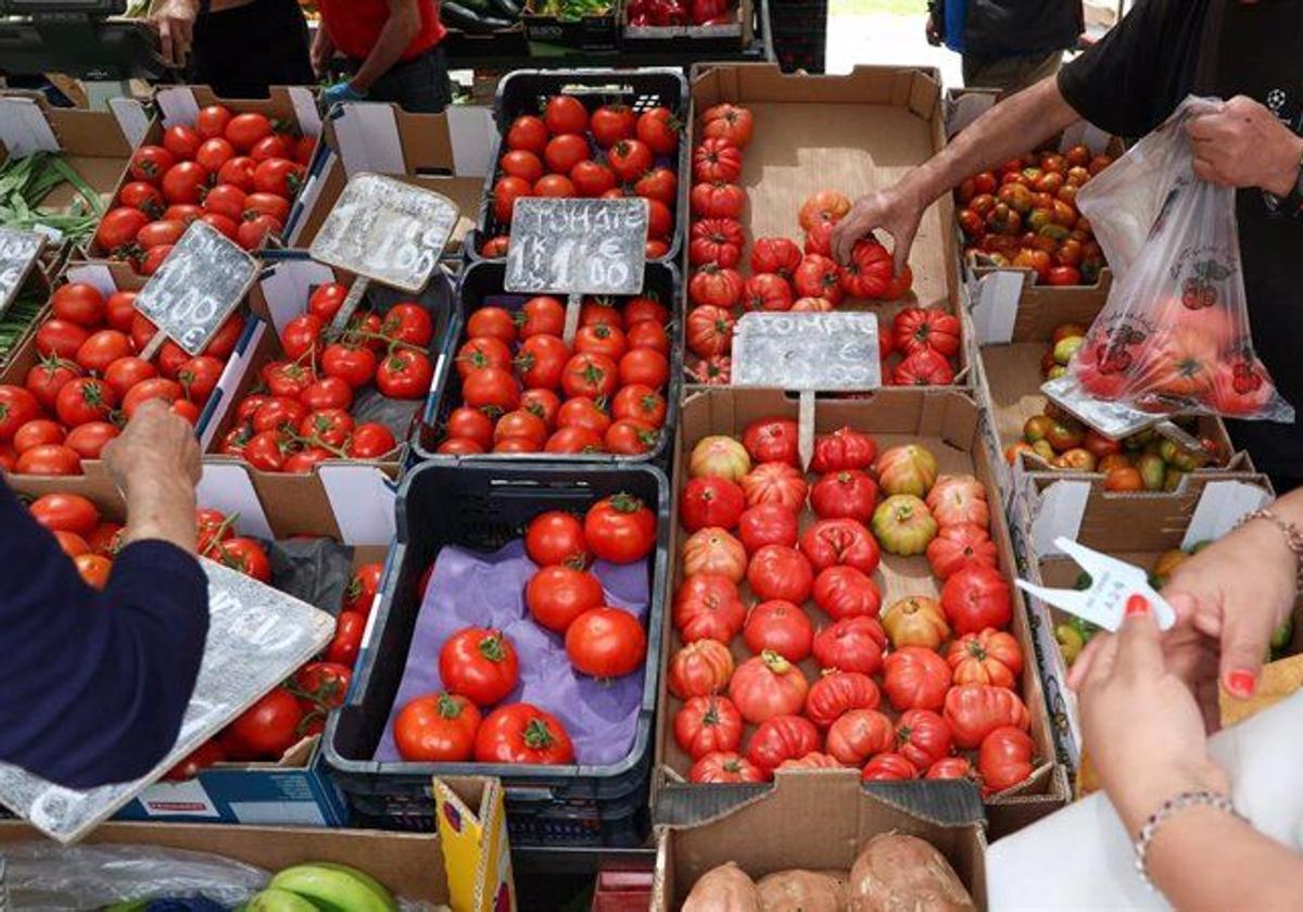 Cajas de tomates en un mercado.