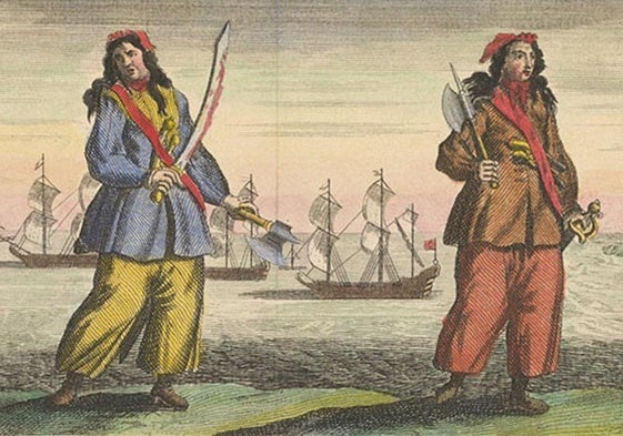 Ilustración que representa a Anne Bonny y Mary Read, las dos piratas más famosas, que se tenían que vestir de hombre para poder navegar.