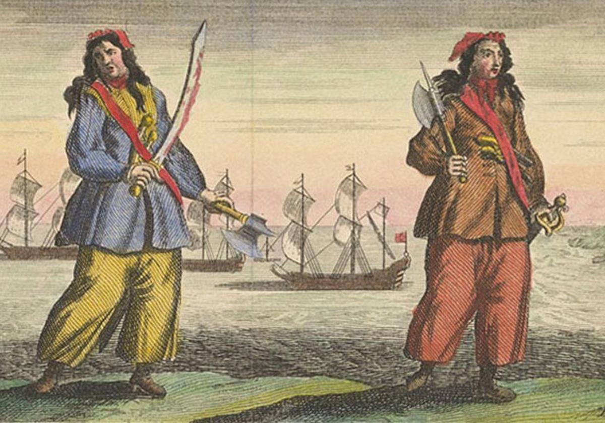 Ilustración que representa a Anne Bonny y Mary Read, las dos piratas más famosas, que se tenían que vestir de hombre para poder navegar.