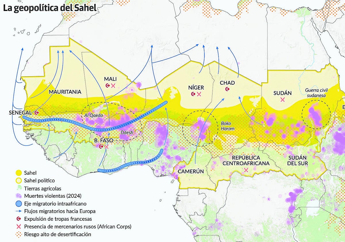 Mapa sobre la geopolítica del Sahel elaborado por Casa África y EOM.