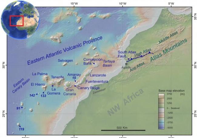 Mapa del sistema volcánico en el que se integra el archipiélago canario incluido en la investigación.
