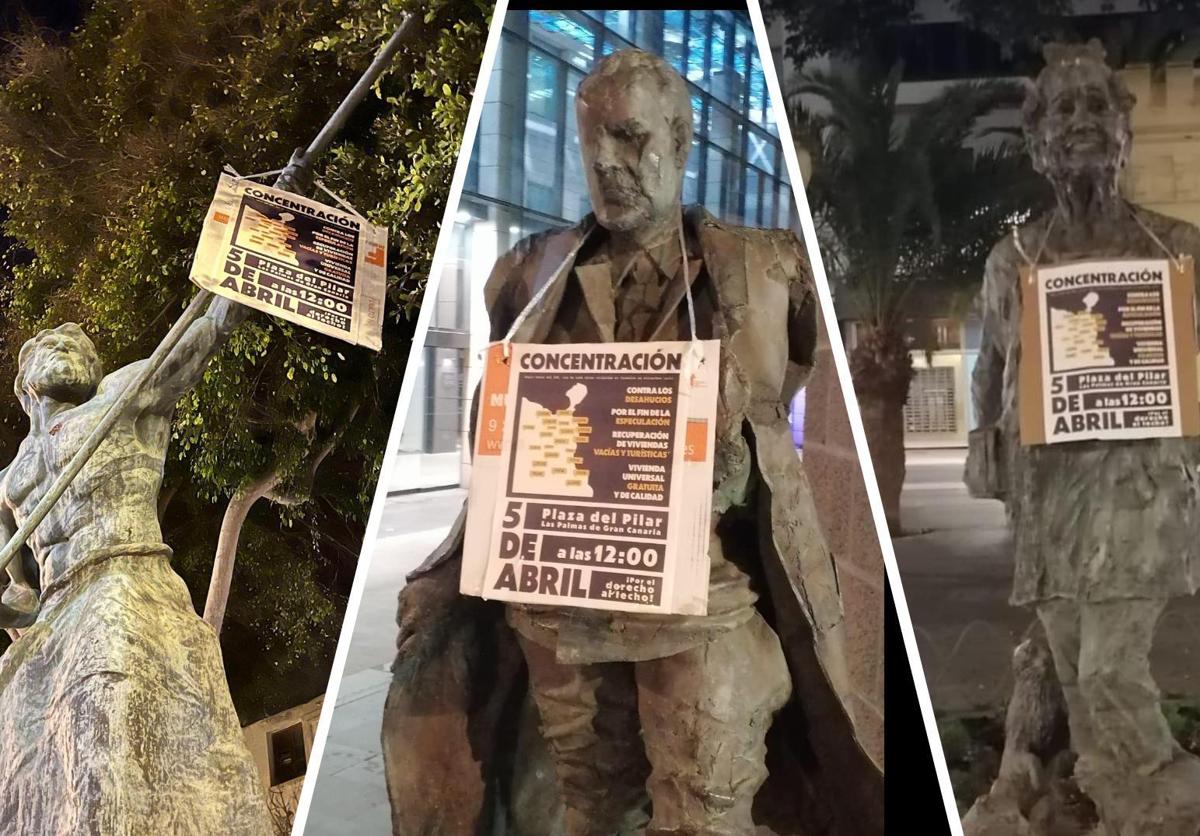 Imagen de algunas de las esculturas ataviadas con el cartel de la concentración.